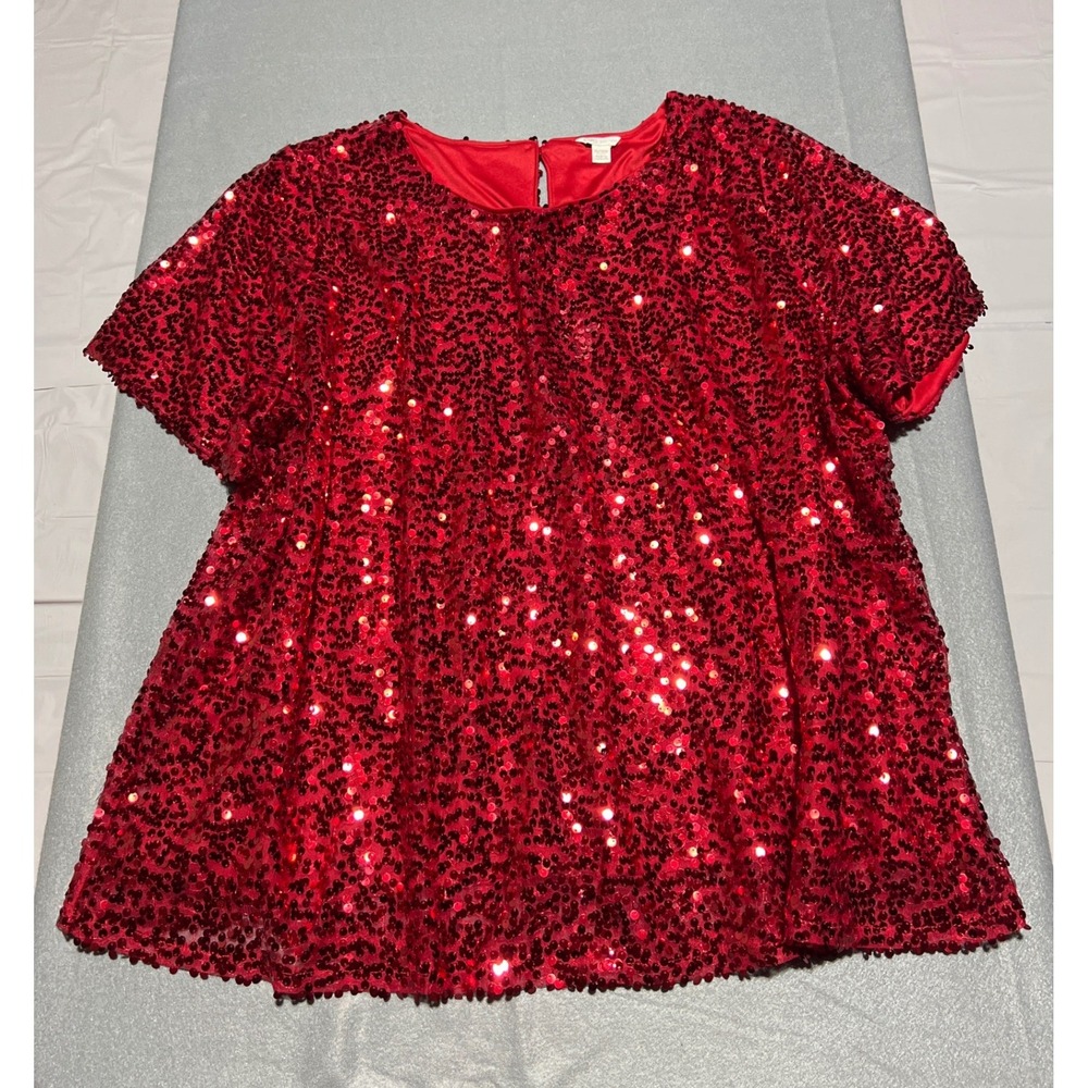 Cato Red Sequin Short Sleeve Blouse Plus Size 26/28W Crew Neck Holiday Sparkle
